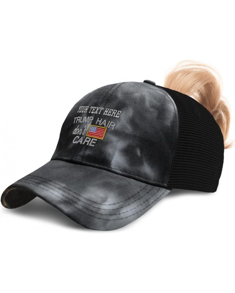 Custom Womens Ponytail Cap Trump Hair Don't Care Donald Distressed Trucker Caps Tie Dye Black Personalized Text Here $12.90 B...