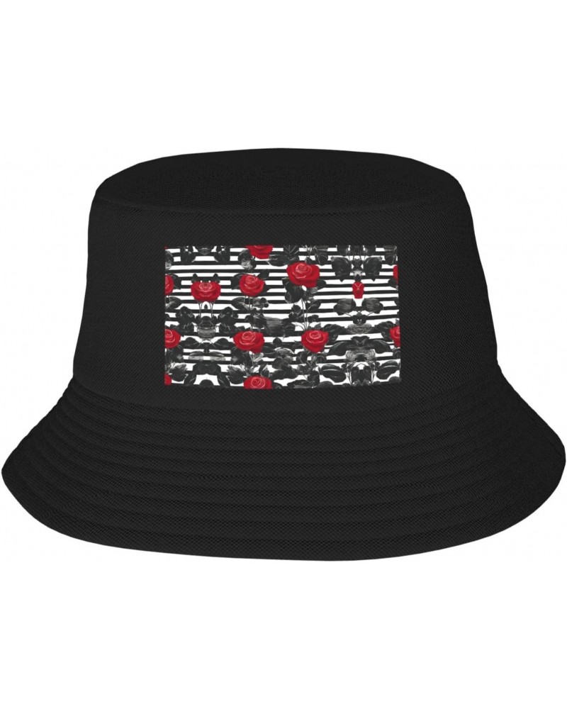 Black White Stripes Red Rose Flowers Print Adult Fisherman's Hat Fisherman Hats Sun Hats for Hat Or Climbing Or Hiking $11.16...