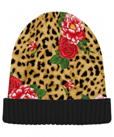 Rose Leopard Beanie for Women Men Reversible Cap Warm Beanies Soft Crochet Hats for Winter Fall Y2k $9.20 Skullies & Beanies