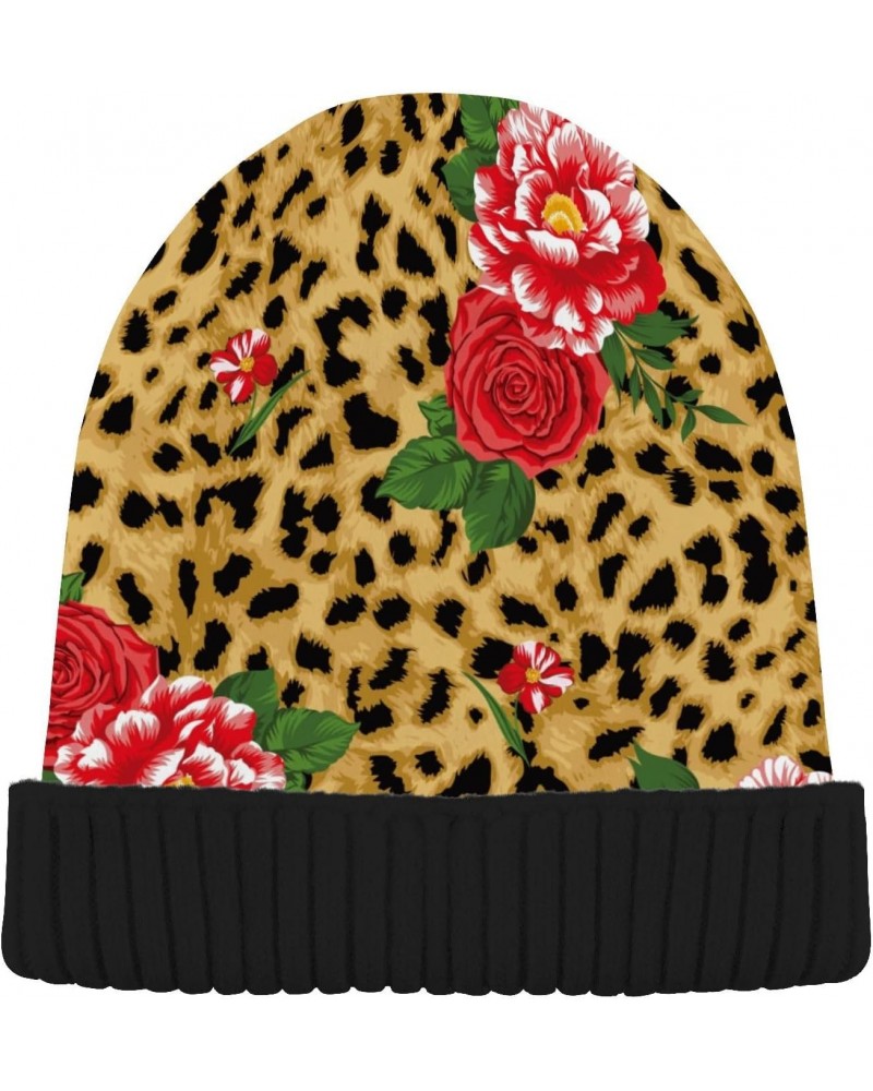 Rose Leopard Beanie for Women Men Reversible Cap Warm Beanies Soft Crochet Hats for Winter Fall Y2k $9.20 Skullies & Beanies