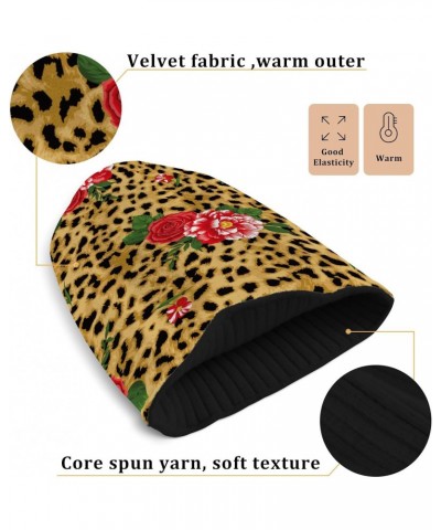 Rose Leopard Beanie for Women Men Reversible Cap Warm Beanies Soft Crochet Hats for Winter Fall Y2k $9.20 Skullies & Beanies