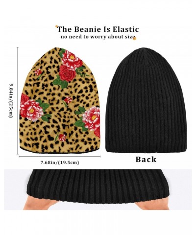 Rose Leopard Beanie for Women Men Reversible Cap Warm Beanies Soft Crochet Hats for Winter Fall Y2k $9.20 Skullies & Beanies