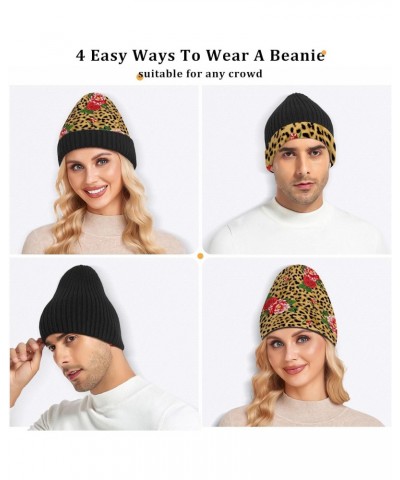 Rose Leopard Beanie for Women Men Reversible Cap Warm Beanies Soft Crochet Hats for Winter Fall Y2k $9.20 Skullies & Beanies