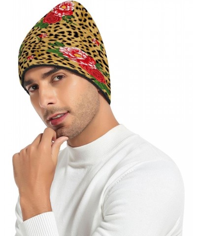 Rose Leopard Beanie for Women Men Reversible Cap Warm Beanies Soft Crochet Hats for Winter Fall Y2k $9.20 Skullies & Beanies