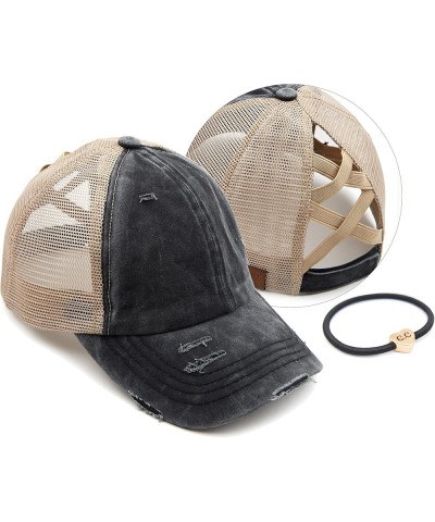 Exclusives Washed Distressed Cotton Denim Criss-Cross Ponytail Hat Baseball Cap Bundle Hair Tie (BT-780) Black / Beige $12.87...