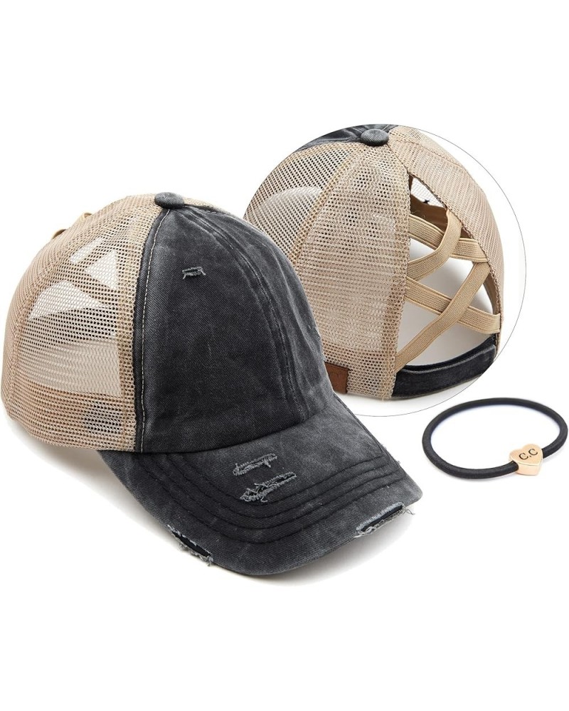 Exclusives Washed Distressed Cotton Denim Criss-Cross Ponytail Hat Baseball Cap Bundle Hair Tie (BT-780) Black / Beige $12.87...