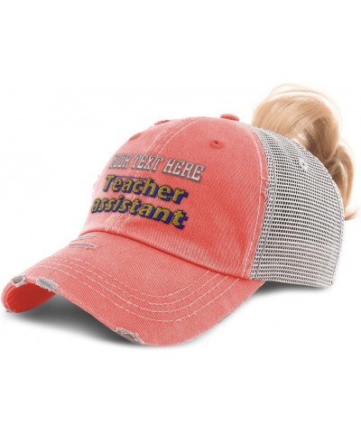 Womens Ponytail Cap Teacher Assistant School Cotton Education Distressed Trucker Hat Coral Personalized Text Here $12.90 Base...