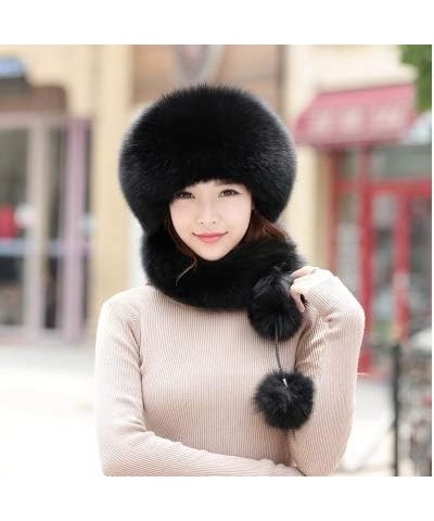 Women Winter Real Fur Cap Fox Fur Genuine Leather Hats Scarf Ear Protector Multicolor Black $38.64 Visors