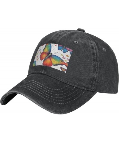 Rainbow Butterfly Print Washed Cowboy Baseball Cap for Adults Adjustable Caps Fashion Cap A Sun Hat Black $11.37 Baseball Caps