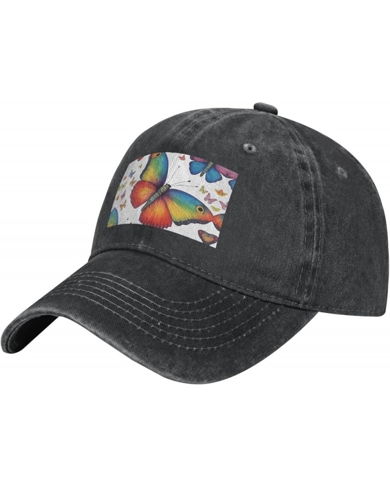 Rainbow Butterfly Print Washed Cowboy Baseball Cap for Adults Adjustable Caps Fashion Cap A Sun Hat Black $11.37 Baseball Caps