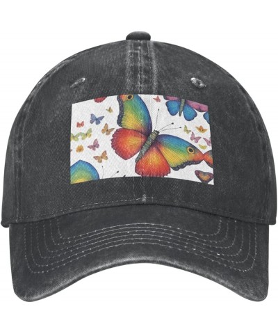 Rainbow Butterfly Print Washed Cowboy Baseball Cap for Adults Adjustable Caps Fashion Cap A Sun Hat Black $11.37 Baseball Caps