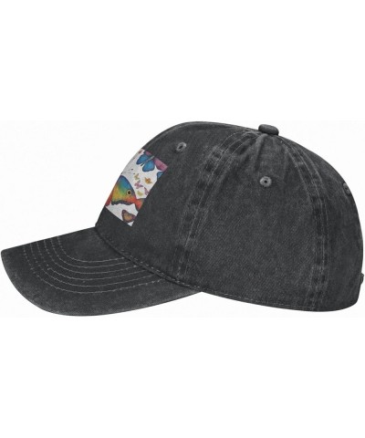 Rainbow Butterfly Print Washed Cowboy Baseball Cap for Adults Adjustable Caps Fashion Cap A Sun Hat Black $11.37 Baseball Caps