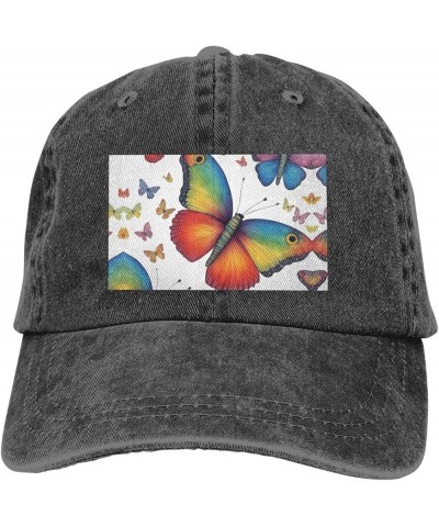 Rainbow Butterfly Print Washed Cowboy Baseball Cap for Adults Adjustable Caps Fashion Cap A Sun Hat Black $11.37 Baseball Caps