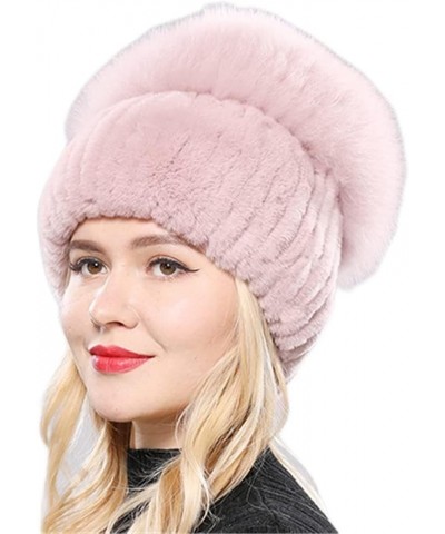 Russia Winter Women Fur Beanies Hat Girls Natural Fur Skullies Cap Knitted Fur Hats Beige Pink $29.53 Skullies & Beanies