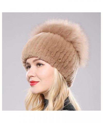 Russia Winter Women Fur Beanies Hat Girls Natural Fur Skullies Cap Knitted Fur Hats Beige Pink $29.53 Skullies & Beanies