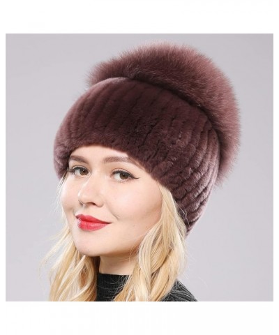 Russia Winter Women Fur Beanies Hat Girls Natural Fur Skullies Cap Knitted Fur Hats Beige Pink $29.53 Skullies & Beanies