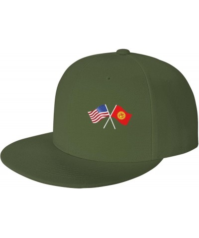 American and Kyrgyzstan Flag Flat Brim Cap Unisex Flat Bill Baseball Cap Moss Green $17.96 Baseball Caps