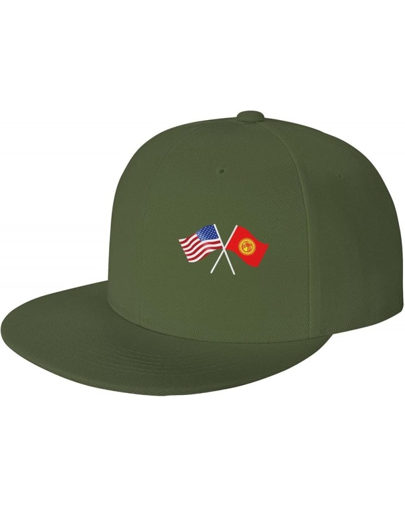 American and Kyrgyzstan Flag Flat Brim Cap Unisex Flat Bill Baseball Cap Moss Green $17.96 Baseball Caps