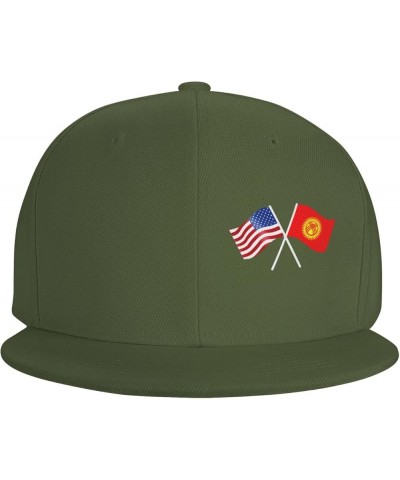 American and Kyrgyzstan Flag Flat Brim Cap Unisex Flat Bill Baseball Cap Moss Green $17.96 Baseball Caps