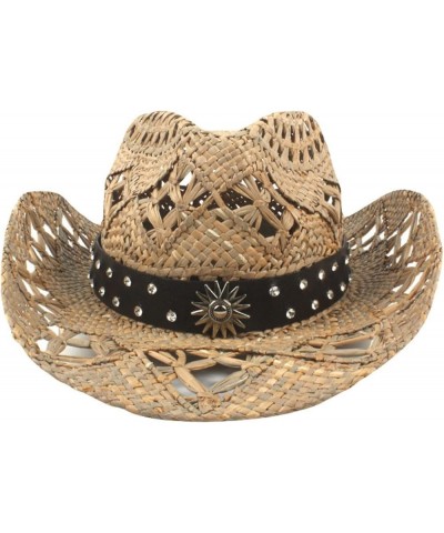 Classic Hollow Western Cowboy Hat Handwork Straw Summer Beach Lifeguard Cowgirl Hat with Leather Band Trim Unisex 3 $23.02 Co...