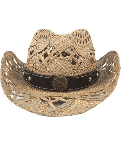 Classic Hollow Western Cowboy Hat Handwork Straw Summer Beach Lifeguard Cowgirl Hat with Leather Band Trim Unisex 3 $23.02 Co...