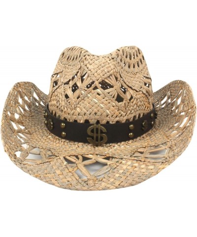 Classic Hollow Western Cowboy Hat Handwork Straw Summer Beach Lifeguard Cowgirl Hat with Leather Band Trim Unisex 3 $23.02 Co...