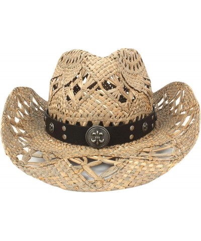 Classic Hollow Western Cowboy Hat Handwork Straw Summer Beach Lifeguard Cowgirl Hat with Leather Band Trim Unisex 3 $23.02 Co...