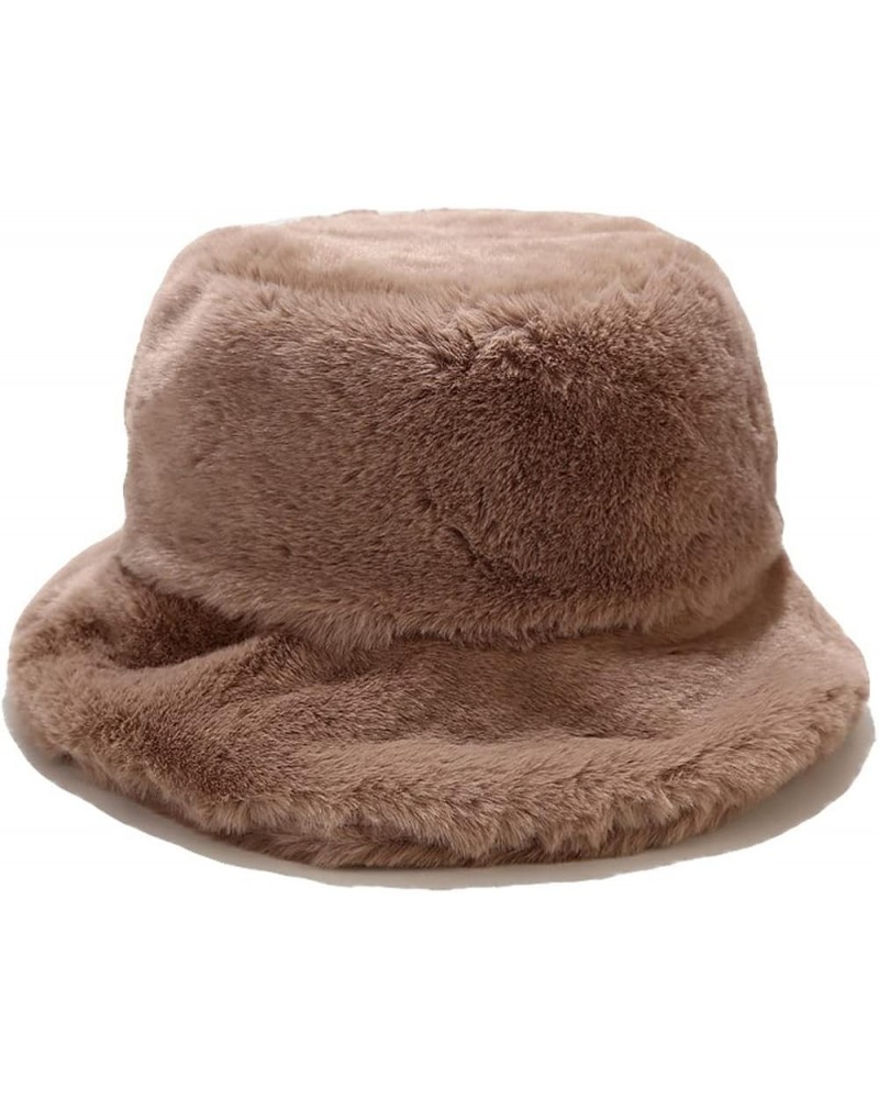 Faux Fur Bucket Hat Fluffy Fuzzy Warm Hats Plush Fisherman Cap Winter Fedora Hats for Women Khaki $9.11 Bucket Hats