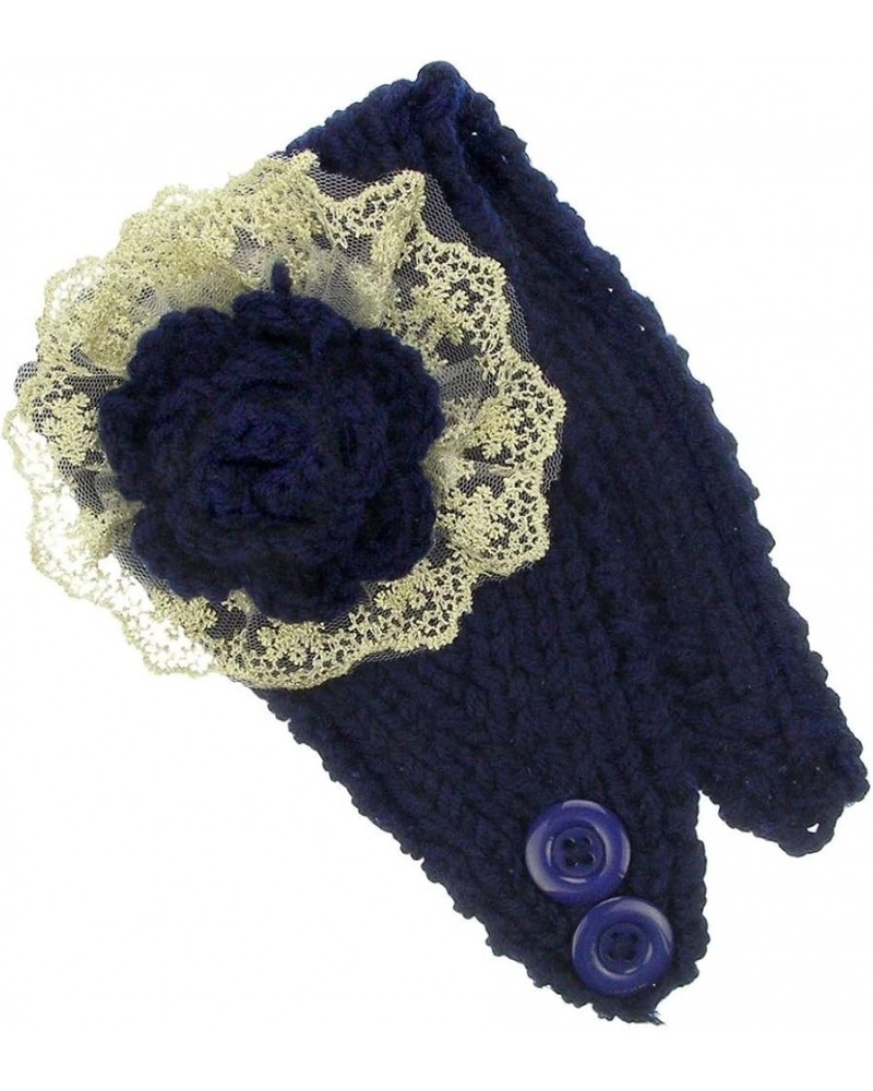 Women's Knit Head Wrap Head Warmer with Lace Framed Flower Navy $8.99 Cold Weather Headbands