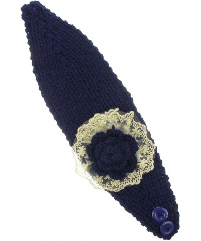 Women's Knit Head Wrap Head Warmer with Lace Framed Flower Navy $8.99 Cold Weather Headbands