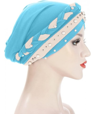 Slouchy Beading Cancer Chemo Beanies Soft Cotton Fashion India Muslim Hats Cap Headwear for Women Sky Blue $9.89 Skullies & B...