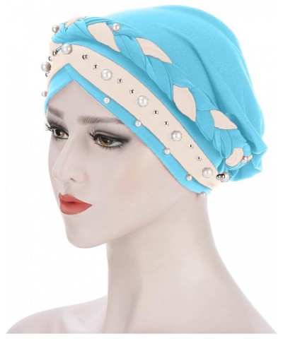 Slouchy Beading Cancer Chemo Beanies Soft Cotton Fashion India Muslim Hats Cap Headwear for Women Sky Blue $9.89 Skullies & B...