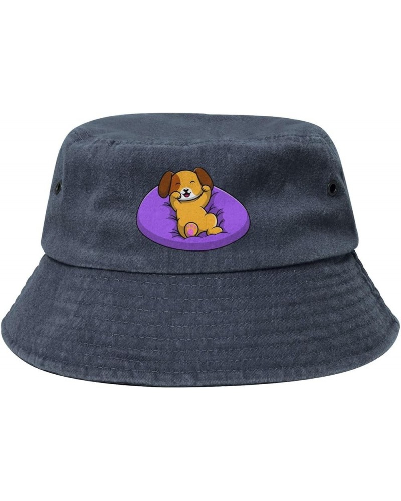 Puppy Lying on Bed Bucket Hat for Women Men Summer Travel Sun Hat Outdoor Cap Funny Bucket Hats Navy Blue $14.48 Bucket Hats