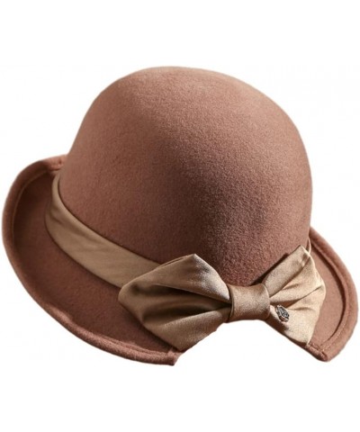 Dome Top Wool Felt Fedora Hats Women Winter Warm Church Cloche Derby Hat with Bowknot Ribbon Lighttan $29.40 Fedoras