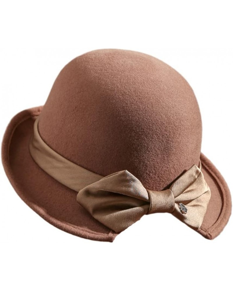 Dome Top Wool Felt Fedora Hats Women Winter Warm Church Cloche Derby Hat with Bowknot Ribbon Lighttan $29.40 Fedoras