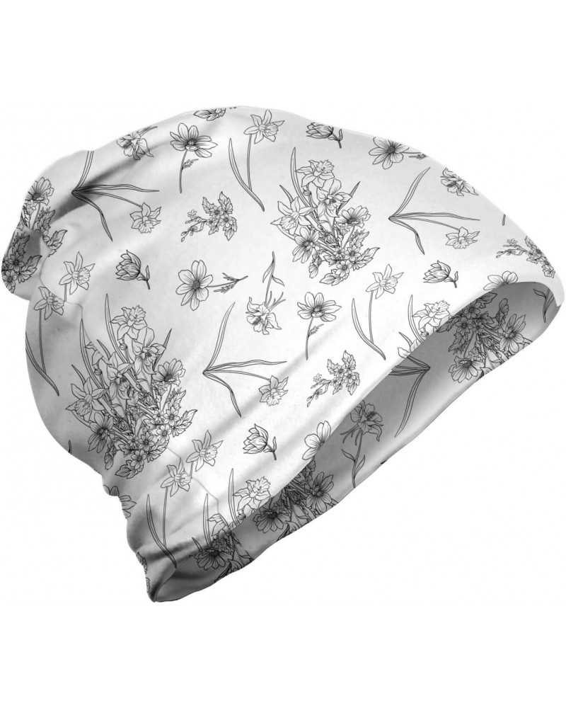 Unisex Beanie, Blooming Sketchy Flowers, Hiking Outdoors Grey and White $14.26 Skullies & Beanies