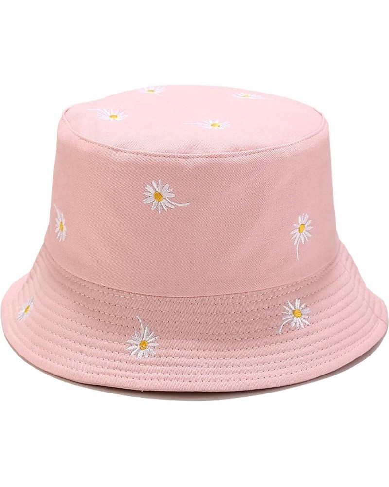 Reversible Embroidered Daisy Bucket Hat Packable Beach Sun Hat for Women Men Daisy Pink/Plain Pink $10.49 Bucket Hats