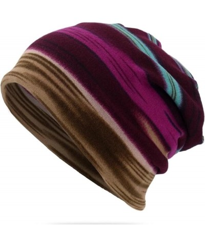 Women Men Brushed Knit Hat Stripes Slouchy Stretchy Vintage Skully Ideas Gift Winter Warm Foldable Cap Purple $6.80 Rain Hats