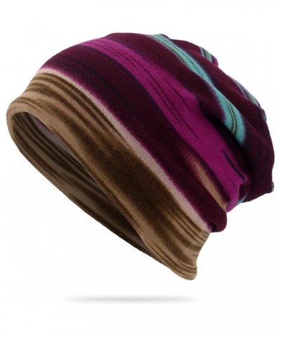 Women Men Brushed Knit Hat Stripes Slouchy Stretchy Vintage Skully Ideas Gift Winter Warm Foldable Cap Purple $6.80 Rain Hats