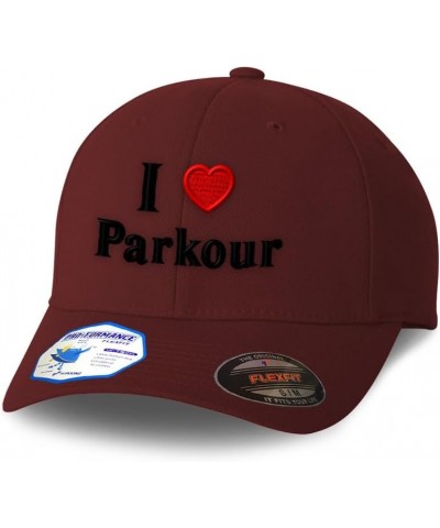 Custom Flexfit Dad Hats for Men & Women I Love Parkour Red Heart Hobbies Lovers Baseball Cap Burgundy Design Only $17.27 Base...