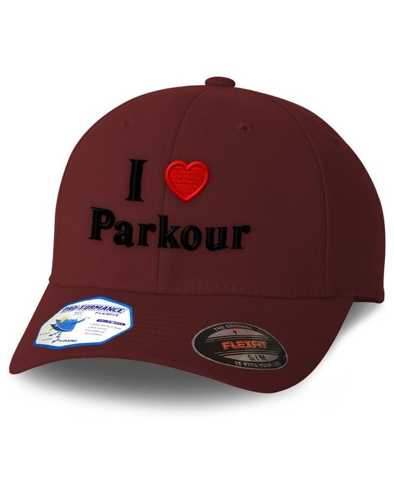 Custom Flexfit Dad Hats for Men & Women I Love Parkour Red Heart Hobbies Lovers Baseball Cap Burgundy Design Only $17.27 Base...