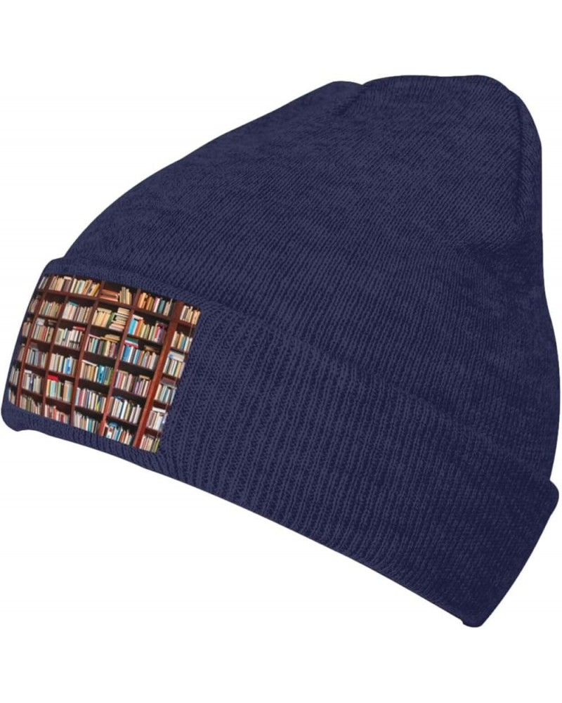 Books Print Beanie Hats for Women Men Warm Knit Hat Winter Knitted Beanie Stretch Fashion Cap Navy Blue $10.53 Skullies & Bea...