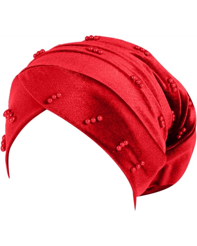 Fit Hat Women Elastic Solid Color Comfortable Flat Hat Pearl Cap Nail Bead Pile Cap Char Hat Muslim Hat - Red $6.21 Skullies ...