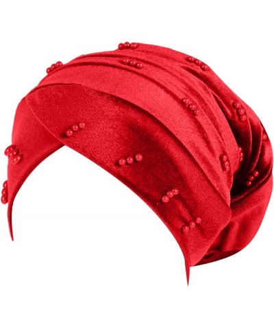 Fit Hat Women Elastic Solid Color Comfortable Flat Hat Pearl Cap Nail Bead Pile Cap Char Hat Muslim Hat - Red $6.21 Skullies ...