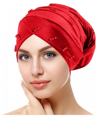 Fit Hat Women Elastic Solid Color Comfortable Flat Hat Pearl Cap Nail Bead Pile Cap Char Hat Muslim Hat - Red $6.21 Skullies ...