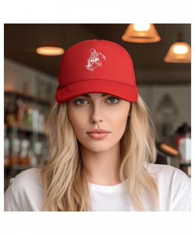 Abstract Creepy Skeleton Skateboarder Hat Funny Mesh Baseball Cap Dad Hats Golf Sunhat for Men Women Black Red $9.35 Sun Hats