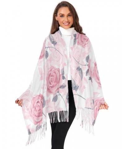 Pink Roses Winter Scarf Soft Tassel Scarves Warm Cozy Shawls and Wraps for Evening Dress Wedding $13.77 Scarves