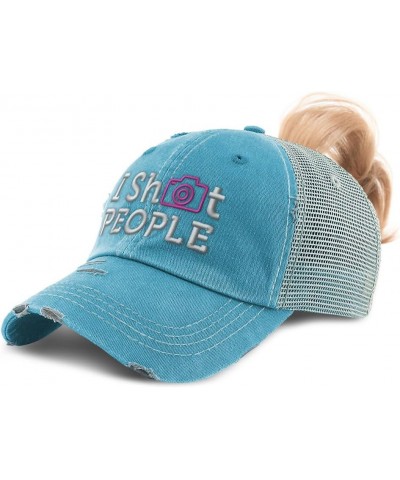 Womens Ponytail Cap I Shot Photos People Cotton Distressed Trucker Hats Turquoise $13.34 Baseball Caps