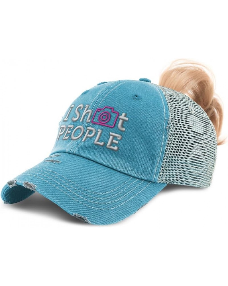 Womens Ponytail Cap I Shot Photos People Cotton Distressed Trucker Hats Turquoise $13.34 Baseball Caps