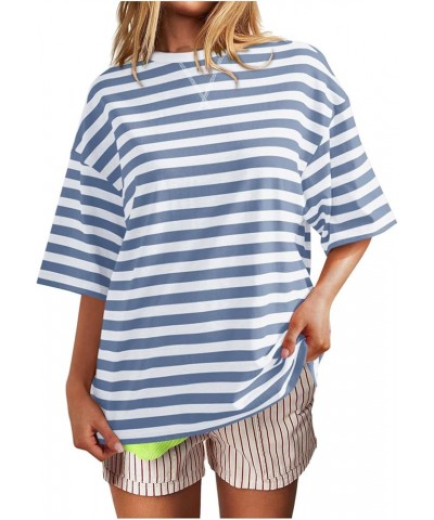 Women Summer Casual Round Neck Loose T Shirt Fashionable Striped Gradient Printed Cuffed Short Sleeved T Shirt Blue-3 $10.32 ...